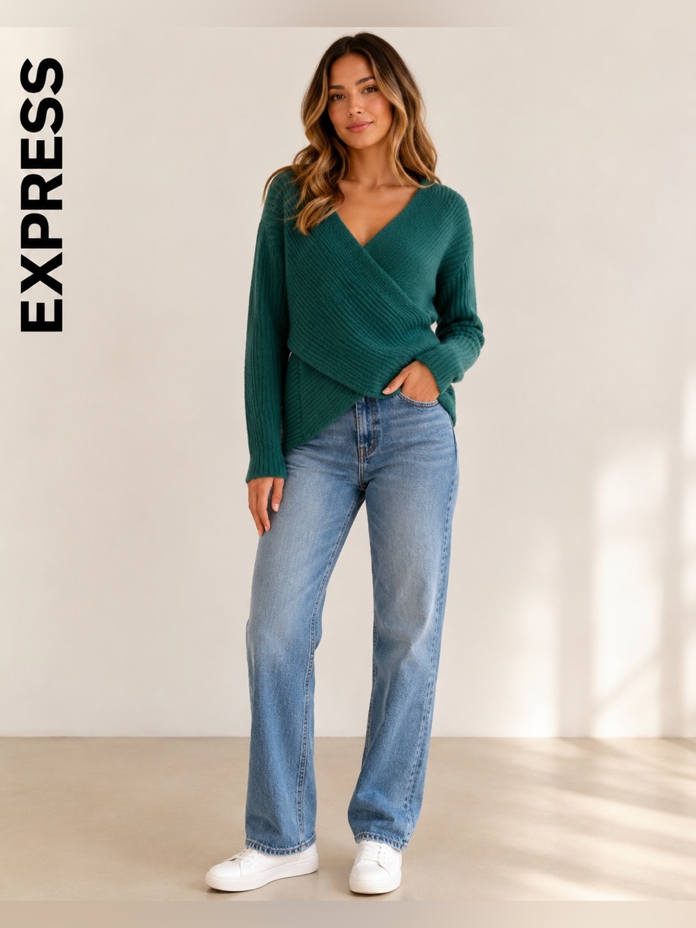 Express Wrap Front Ribbed Knit Sweater Green XS Chic Preppy Cozy